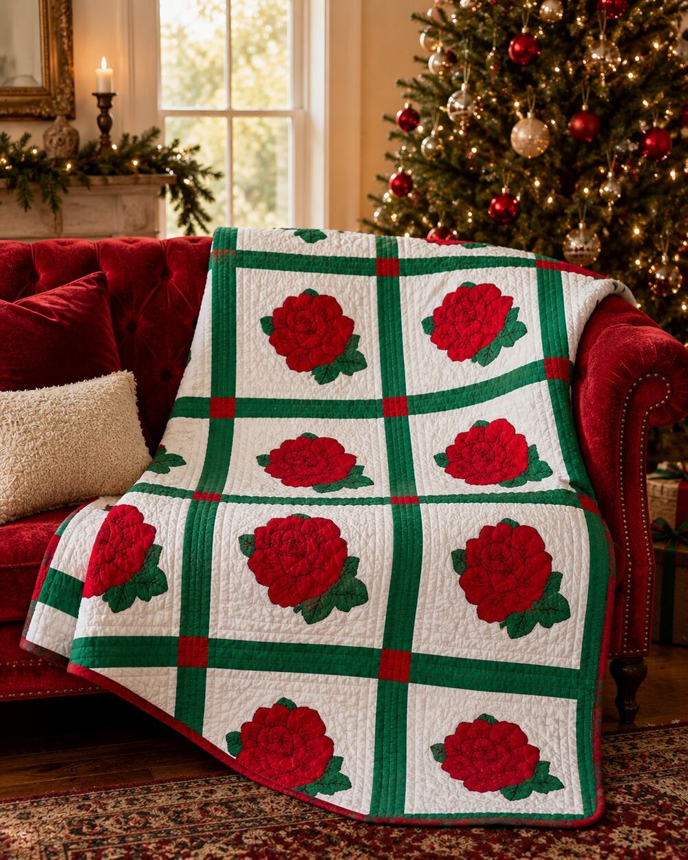 Vintage Handmade Rose Applique Quilt Hand Quilted 70x78 Floral Cottage